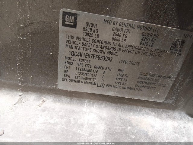 46135924 :رقم المزاد ، 1GC4K1E87FF553993 vin ، 2015 Chevrolet Silverado 3500hd High Country مزاد بيع
