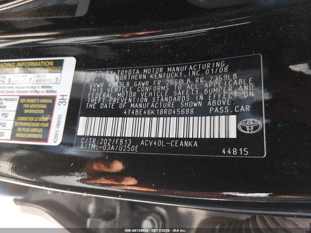 2008 Toyota Camry Le მანქანა იყიდება აუქციონზე, vin: 4T4BE46K18R045688, აუქციონის ნომერი: 46135928