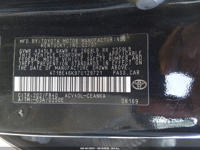 Продаж на аукціоні авто 2007 Toyota Camry Le, vin: 4T1BE46K97U129721, номер лоту: 46135931