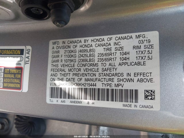 Aukcja sprzedaży 2019 Honda Cr-v Lx, vin: 2HKRW6H36KH215444, numer aukcji: 46135936