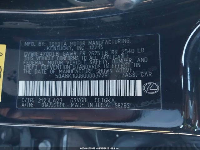 Aukcja sprzedaży 2016 Lexus Es 350, vin: 58ABK1GG6GU003729, numer aukcji: 46135937