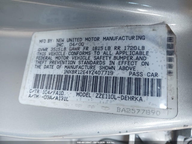 Продажа на аукционе авто 2000 Toyota Corolla Ve, vin: 1NXBR12E4YZ407719, номер лота: 46135947