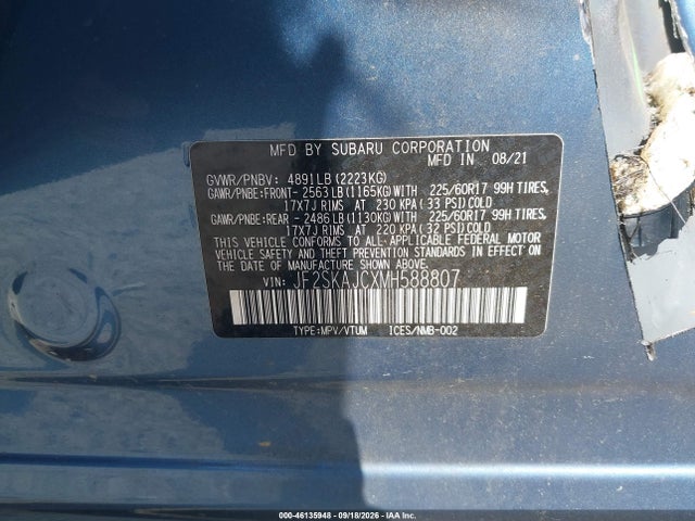2021 Subaru Forester Premium მანქანა იყიდება აუქციონზე, vin: JF2SKAJCXMH588807, აუქციონის ნომერი: 46135948