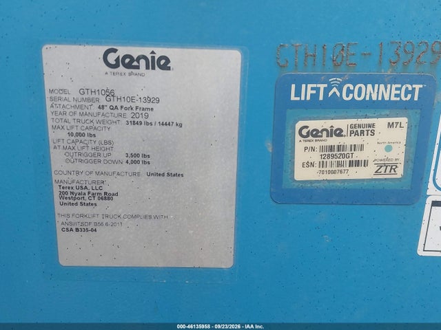 Продажа на аукционе авто 2021 Genie Gth1056 Telehandler, vin: GTH10E13929, номер лота: 46135958