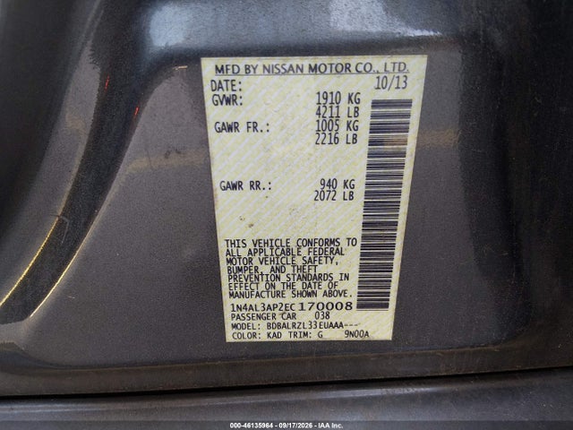 Продажа на аукционе авто 2014 Nissan Altima 2.5 S, vin: 1N4AL3AP2EC170008, номер лота: 46135964