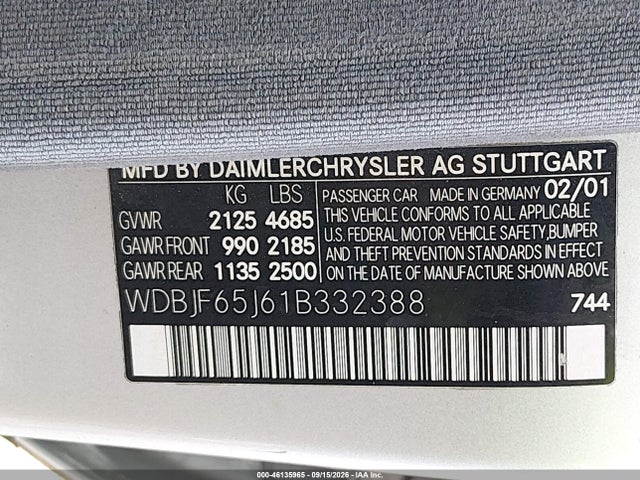 46135965 :رقم المزاد ، WDBJF65J61B332388 vin ، 2001 Mercedes-benz E 320 مزاد بيع