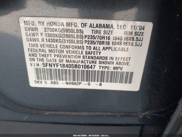 2005 Honda Pilot Ex მანქანა იყიდება აუქციონზე, vin: 5FNYF18405B010647, აუქციონის ნომერი: 46135966