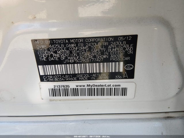 Aukcja sprzedaży 2012 Lexus Is 250, vin: JTHBF5C29C5177427, numer aukcji: 46135971