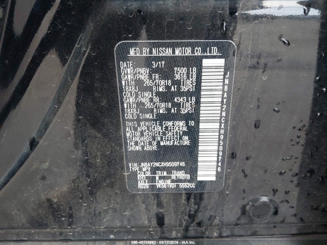 46135992 :رقم المزاد ، JN8AY2NCXH9509746 vin ، 2017 Nissan Armada Sv مزاد بيع