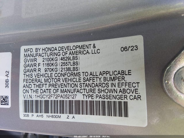 46135997 :رقم المزاد ، 1HGCY2F72PA052127 vin ، 2023 Honda Accord Hybrid Sport-l مزاد بيع