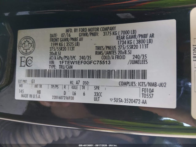 Продаж на аукціоні авто 2016 Ford F-150 Lariat, vin: 1FTEW1EF0GFC75513, номер лоту: 46136001