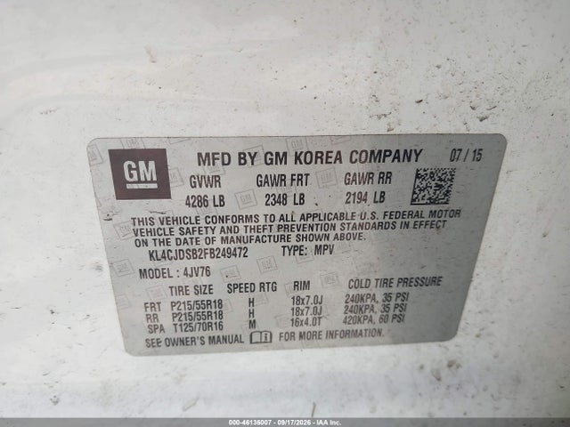 46136007 :رقم المزاد ، KL4CJDSB2FB249472 vin ، 2015 Buick Encore Premium مزاد بيع