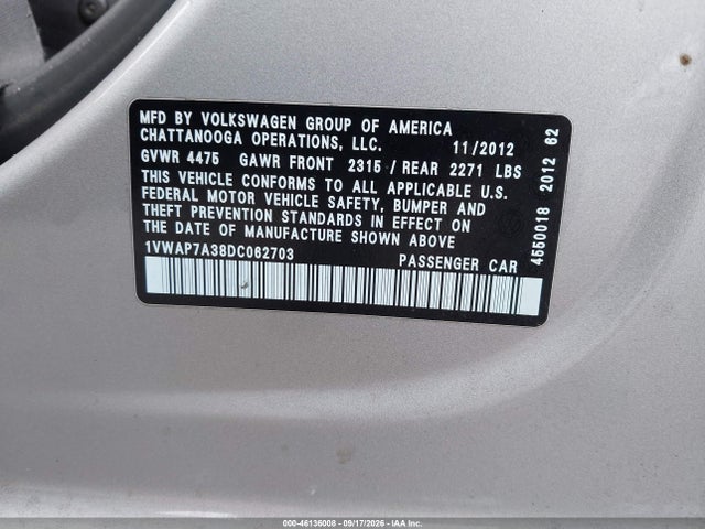Продажа на аукционе авто 2013 Volkswagen Passat 2.5l S, vin: 1VWAP7A38DC062703, номер лота: 46136008
