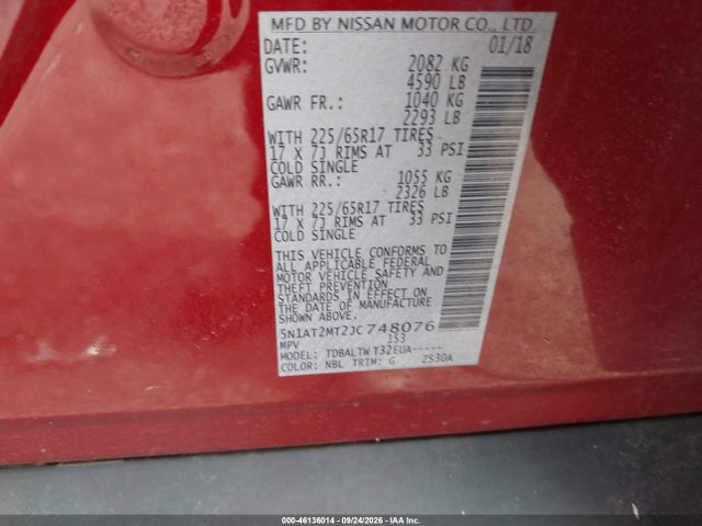 46136014 :رقم المزاد ، 5N1AT2MT2JC748076 vin ، 2018 Nissan Rogue Sv مزاد بيع