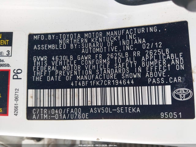 Продажа на аукционе авто 2012 Toyota Camry L, vin: 4T4BF1FK7CR194644, номер лота: 46136018