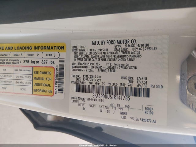 Продаж на аукціоні авто 2018 Ford Fusion Hybrid S, vin: 3FA6P0UU5JR141785, номер лоту: 46136021