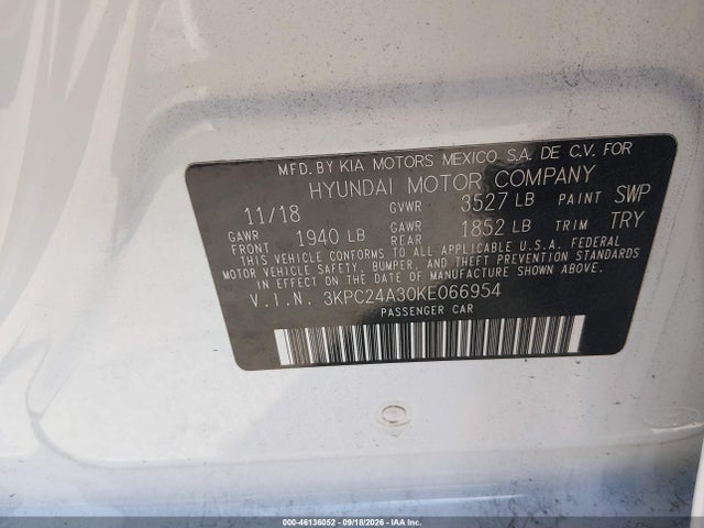 Продаж на аукціоні авто 2019 Hyundai Accent Se, vin: 3KPC24A30KE066954, номер лоту: 46136052