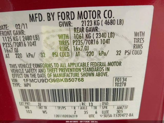 Aukcja sprzedaży 2011 Ford Escape Xlt, vin: 1FMCU9DG9BKB50768, numer aukcji: 46136053