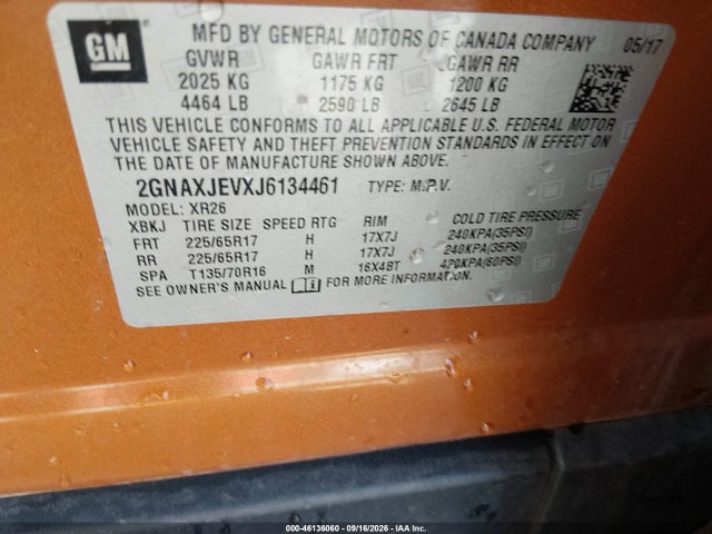 Aukcja sprzedaży 2018 Chevrolet Equinox Lt, vin: 2GNAXJEVXJ6134461, numer aukcji: 46136060