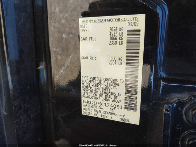 46136062 :رقم المزاد ، 1N4CL21E29C174051 vin ، 2009 Nissan Altima Hybrid مزاد بيع