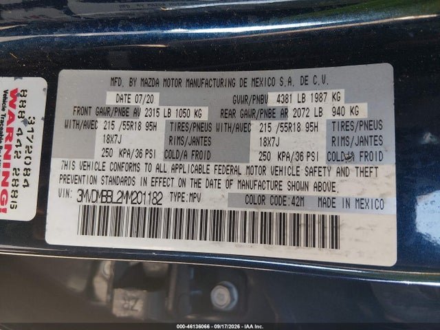 2021 Mazda Cx-30 Select მანქანა იყიდება აუქციონზე, vin: 3MVDMBBL2MM201182, აუქციონის ნომერი: 46136066