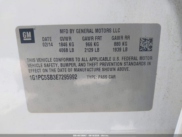 46136067 :رقم المزاد ، 1G1PC5SB3E7295992 vin ، 2014 Chevrolet Cruze 1lt Auto مزاد بيع