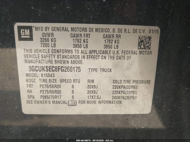 Продажа на аукционе авто 2015 Chevrolet Silverado 1500 1lz, vin: 3GCUKSEC8FG260175, номер лота: 46136075