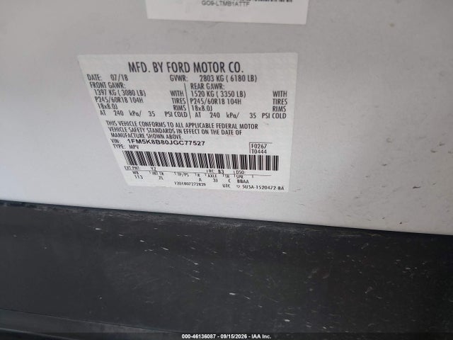 Продаж на аукціоні авто 2018 Ford Explorer, vin: 1FM5K8B80JGC77527, номер лоту: 46136087