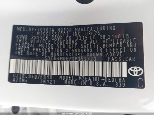 46136093 :رقم المزاد ، 5YFB4MDE7SP352723 vin ، 2025 Toyota Corolla Le مزاد بيع
