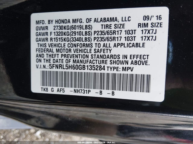 5FNRL5H60GB135284 Honda Odyssey Ex-l