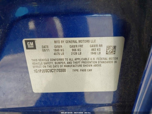 2012 Chevrolet Cruze Eco მანქანა იყიდება აუქციონზე, vin: 1G1PJ5SC9C7170300, აუქციონის ნომერი: 46136100