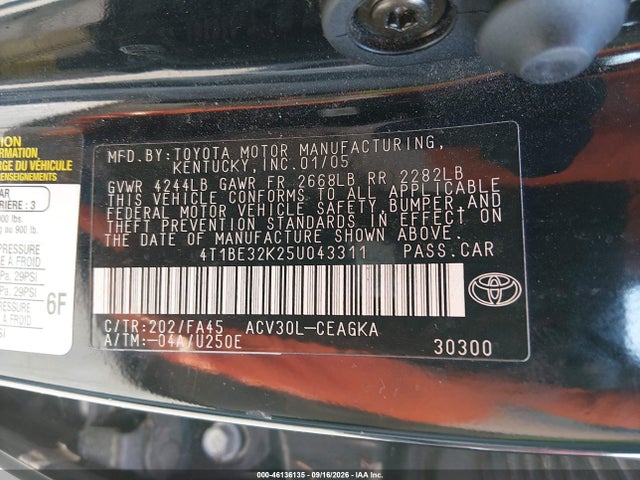 46136135 :رقم المزاد ، 4T1BE32K25U043311 vin ، 2005 Toyota Camry Xle مزاد بيع