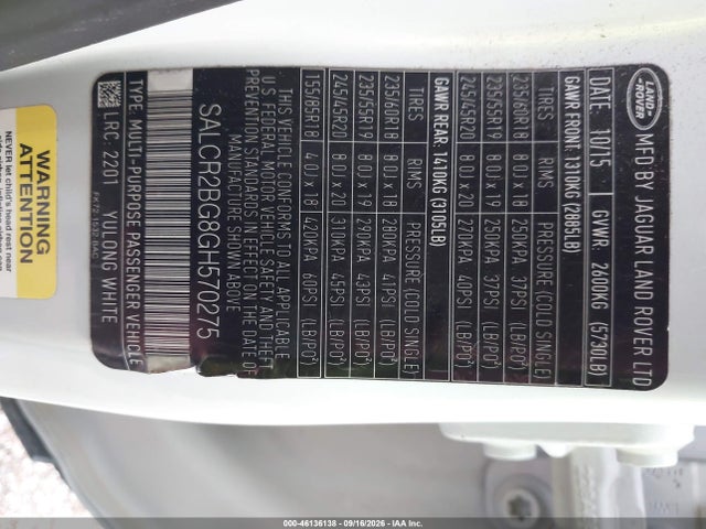 Продаж на аукціоні авто 2016 Land Rover Discovery Sport Hse, vin: SALCR2BG8GH570275, номер лоту: 46136138