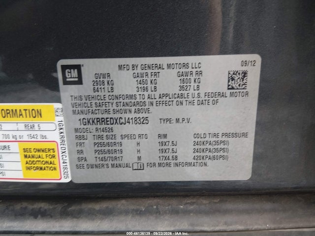 Aukcja sprzedaży 2012 Gmc Acadia Slt-1, vin: 1GKKRREDXCJ418325, numer aukcji: 46136139