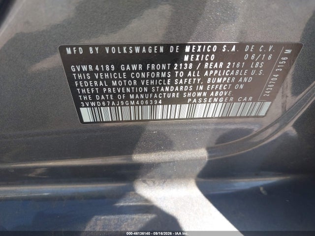 46136140 :رقم المزاد ، 3VWD67AJ9GM406394 vin ، 2016 Volkswagen Jetta 1.4t Se مزاد بيع