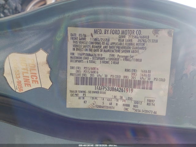 Aukcja sprzedaży 2006 Ford Taurus Se, vin: 1FAFP53U86A261919, numer aukcji: 46136148