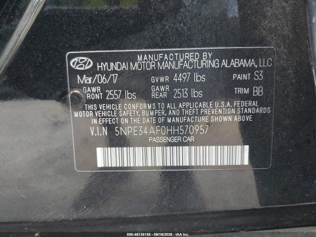 Aukcja sprzedaży 2017 Hyundai Sonata Limited, vin: 5NPE34AF0HH570957, numer aukcji: 46136158
