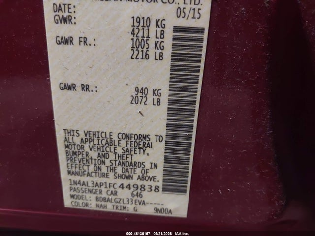 Продаж на аукціоні авто 2015 Nissan Altima 2.5/2.5 S/2.5 Sl/2.5 Sv, vin: 1N4AL3AP1FC449838, номер лоту: 46136167