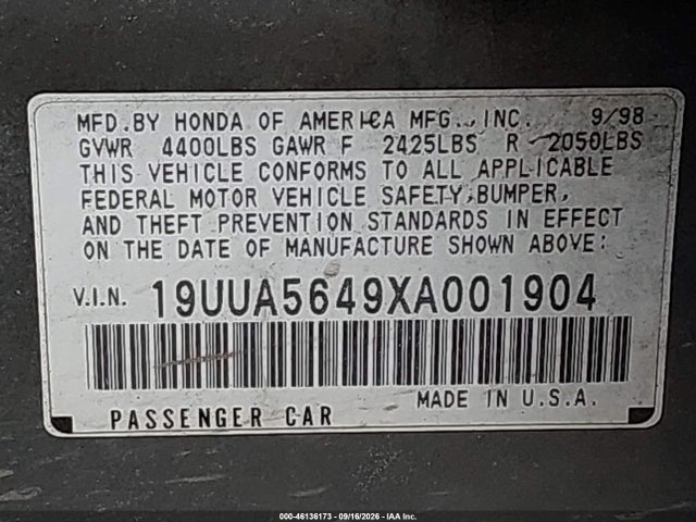 46136173 :رقم المزاد ، 19UUA5649XA001904 vin ، 1999 Acura Tl 3.2 مزاد بيع
