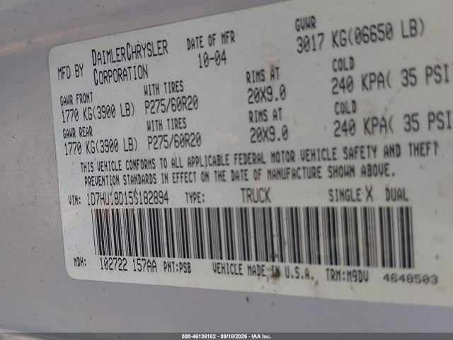 46136182 :رقم المزاد ، 1D7HU18D15S182894 vin ، 2005 Dodge Ram 1500 Slt/laramie مزاد بيع