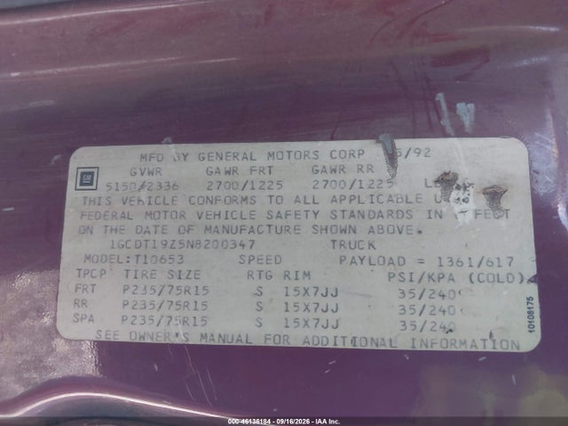 Продаж на аукціоні авто 1992 Chevrolet S Truck S10, vin: 1GCDT19Z5N8200347, номер лоту: 46136184