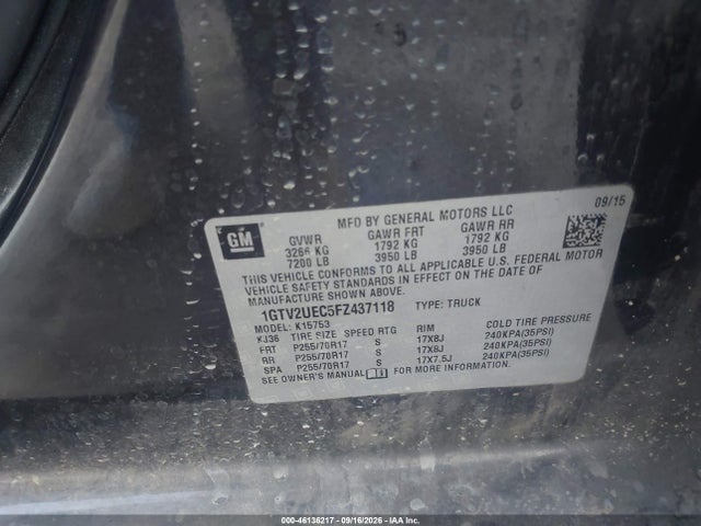 46136217 :رقم المزاد ، 1GTV2UEC5FZ437118 vin ، 2015 Gmc Sierra 1500 Sle مزاد بيع
