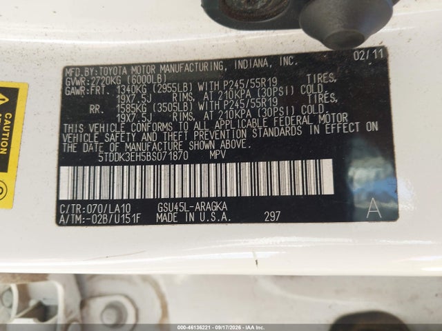 46136221 :رقم المزاد ، 5TDDK3EH5BS071870 vin ، 2011 Toyota Highlander Limited V6 مزاد بيع