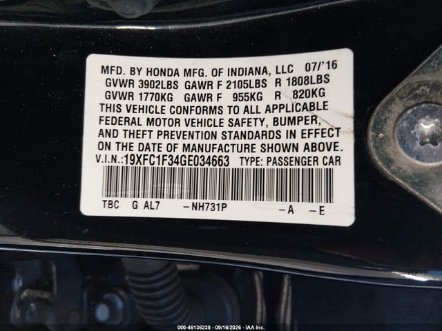 46136238 :رقم المزاد ، 19XFC1F34GE034663 vin ، 2016 Honda Civic Ex-t مزاد بيع