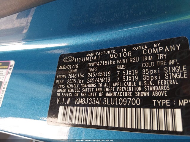 2020 Hyundai Tucson Sport მანქანა იყიდება აუქციონზე, vin: KM8J33AL3LU109700, აუქციონის ნომერი: 46136250