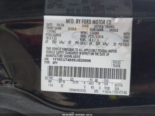 Aukcja sprzedaży 2006 Ford Explorer Eddie Bauer, vin: 1FMEU74856UB29996, numer aukcji: 46136253