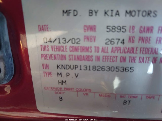46136281 :رقم المزاد ، KNDUP131826305365 vin ، 2002 Kia Sedona Ex/lx مزاد بيع