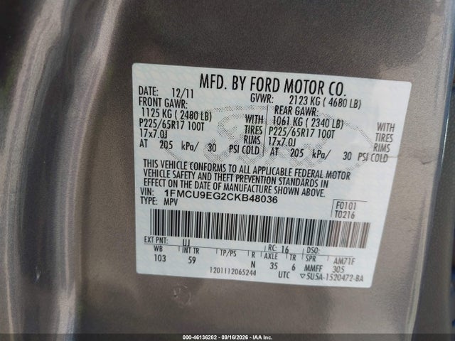 Продаж на аукціоні авто 2012 Ford Escape Limited, vin: 1FMCU9EG2CKB48036, номер лоту: 46136282