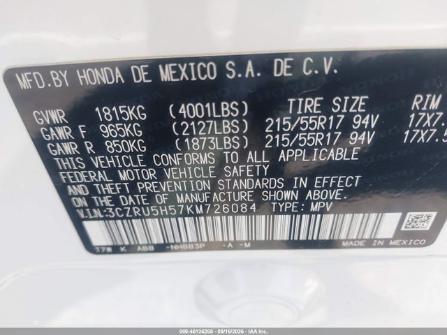Honda HR-V EX 2019 3CZRU5H57KM726084 Image 9
