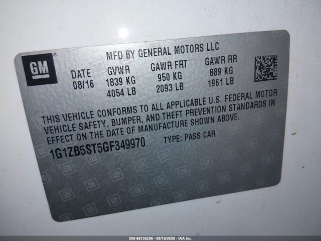 46136296 :رقم المزاد ، 1G1ZB5ST5GF349970 vin ، 2016 Chevrolet Malibu Ls مزاد بيع